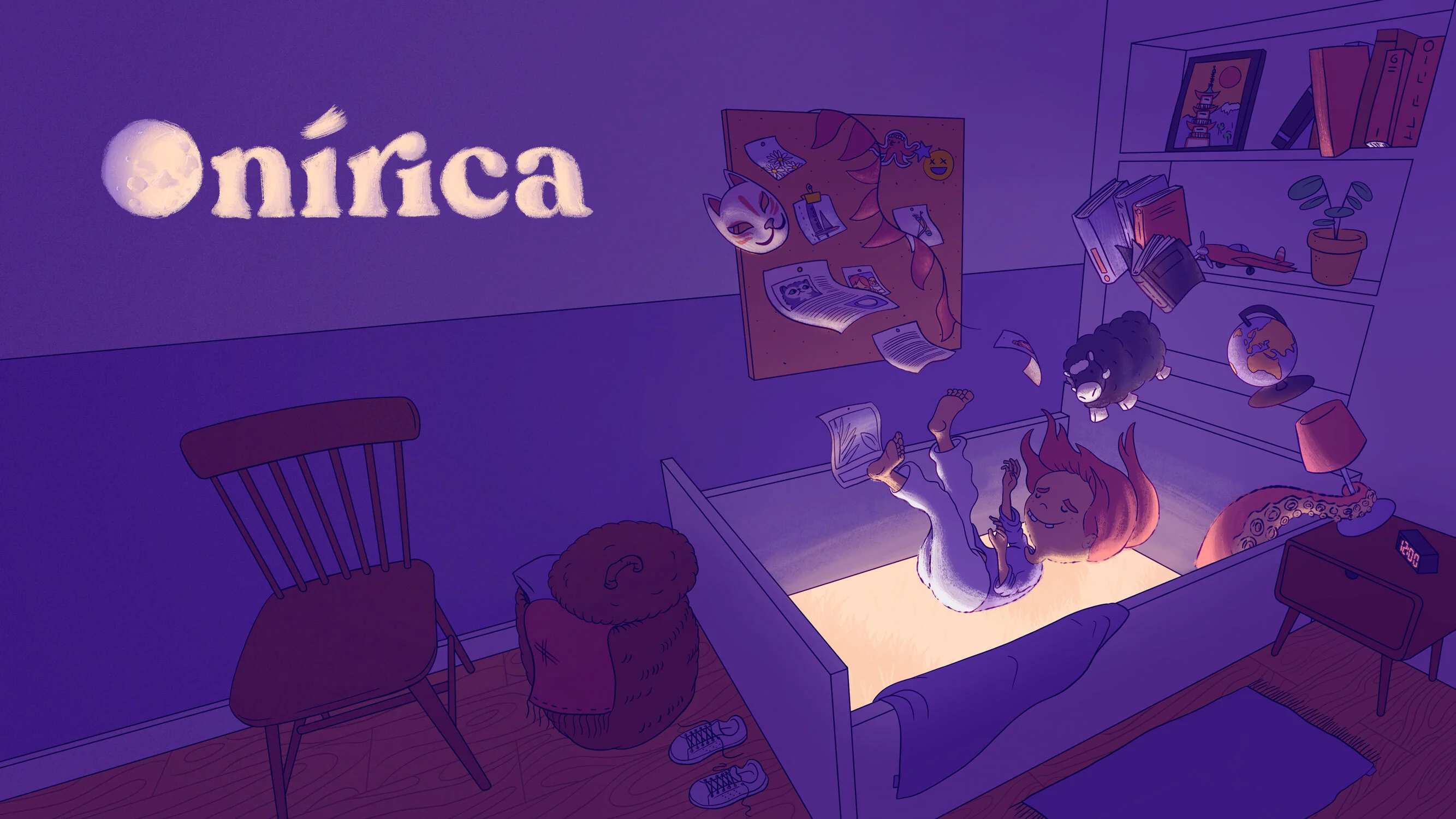 Illustration for the start of Onírica, showing the main logo typography and the Cocó character falling into her bed